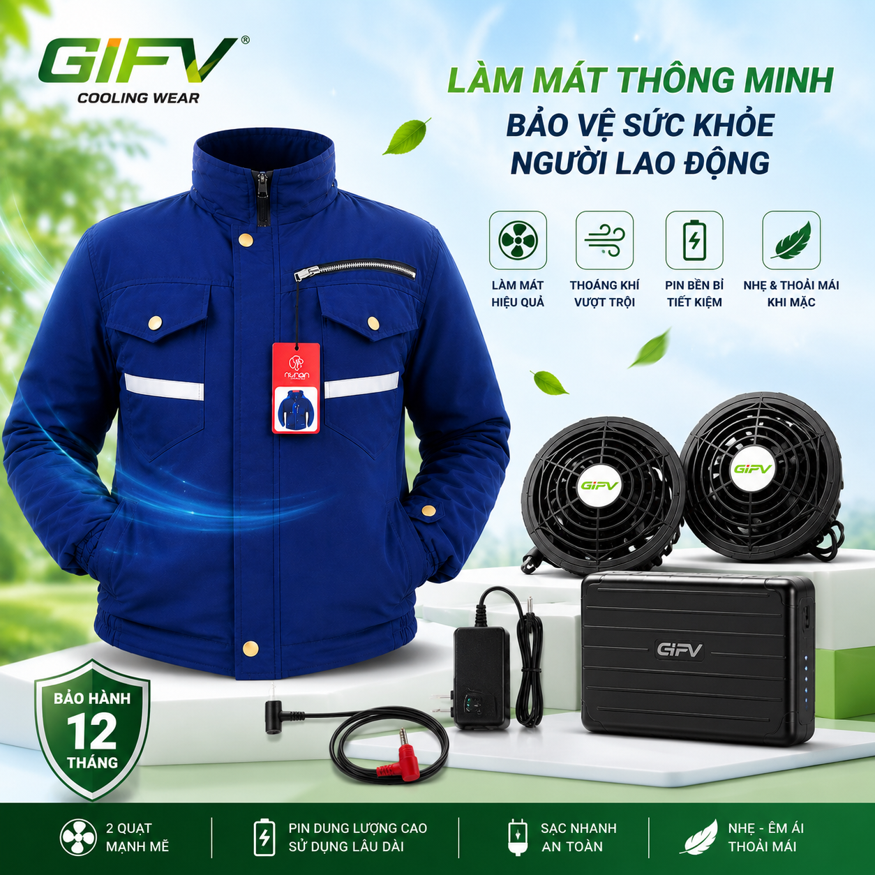 Bộ áo điều hòa GIFV Pro: Áo, quạt, pin, sạc, cáp